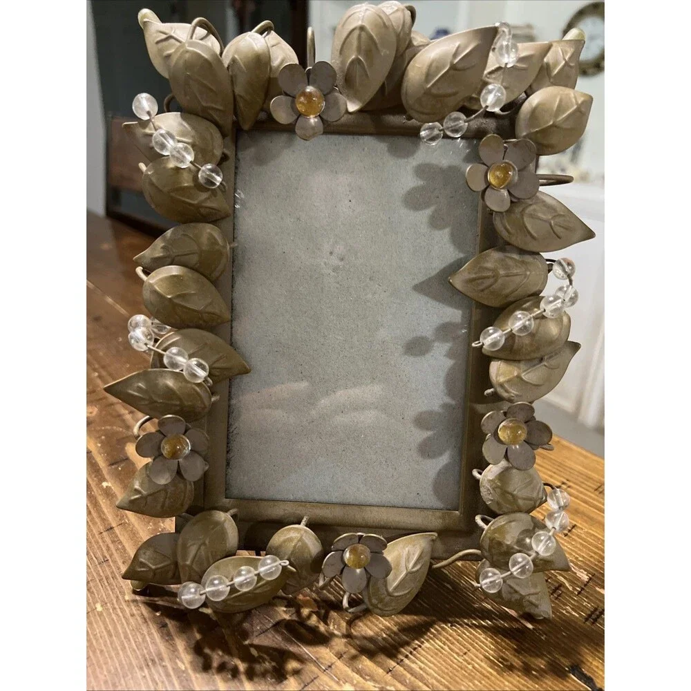 Partylite Rustic Golden Leaves Frame 4x6 Beaded Metalwork, Cottage core